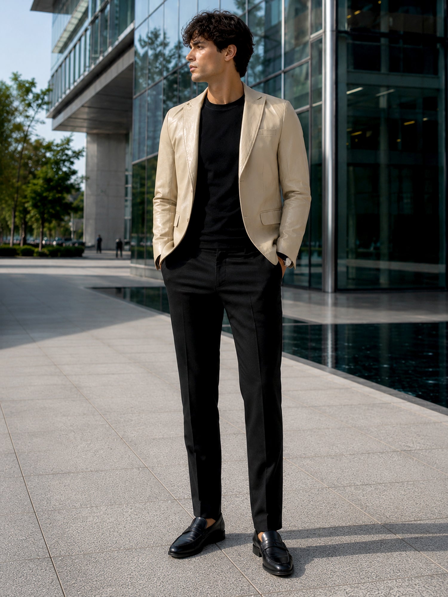 Men Beige Solid Slim Fit Casual Blazer