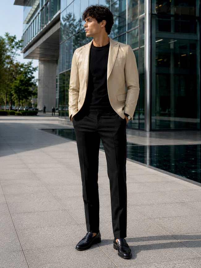 Men Beige Solid Slim Fit Casual Blazer