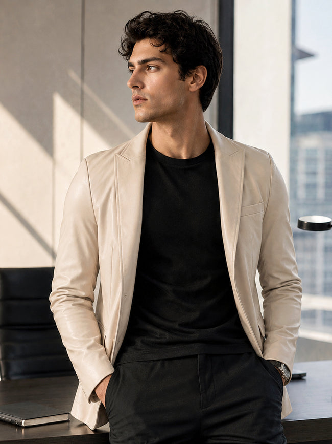 Men Beige Solid Slim Fit Smart Casual Blazer