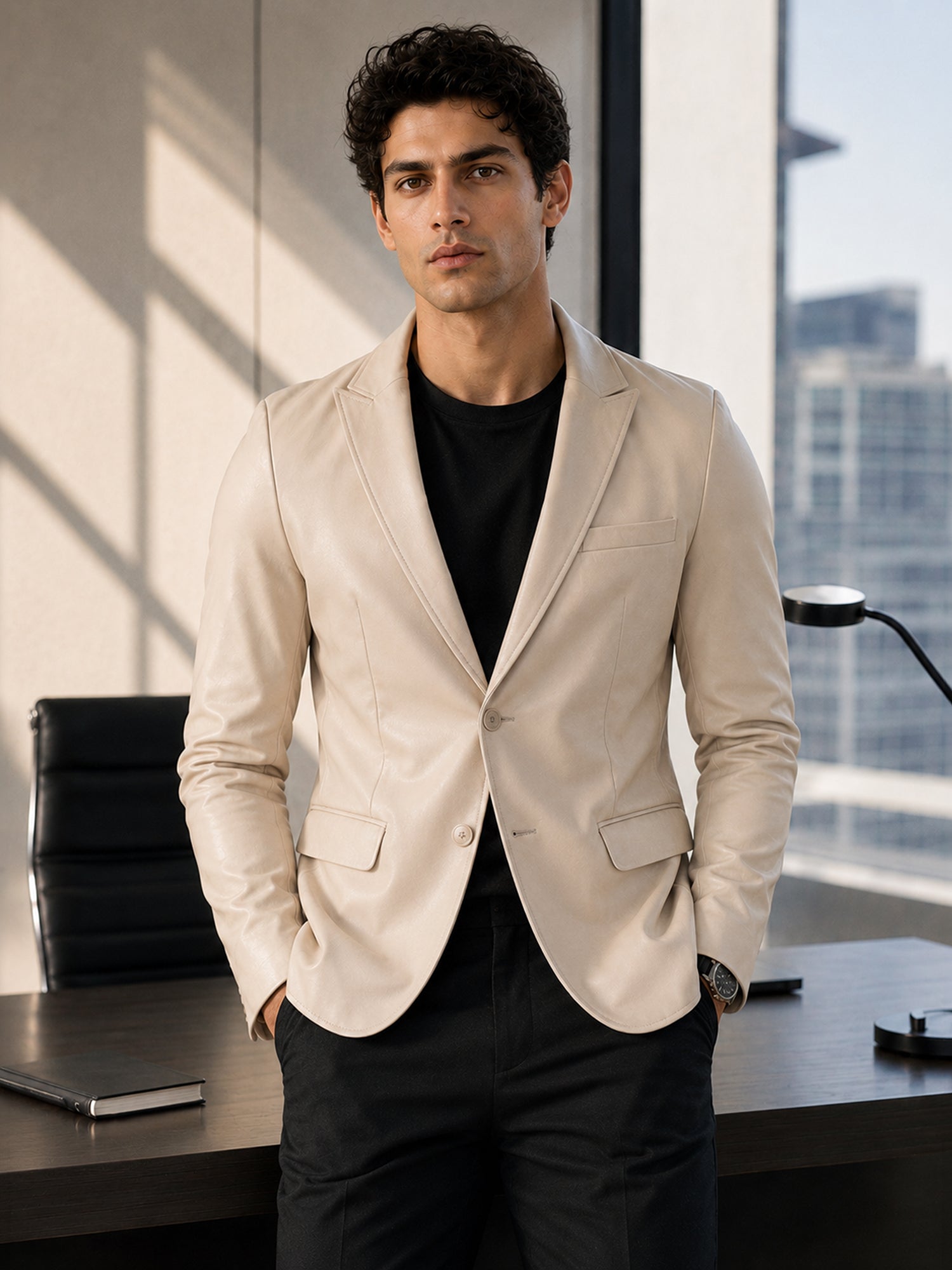 Men Beige Solid Slim Fit Smart Casual Blazer