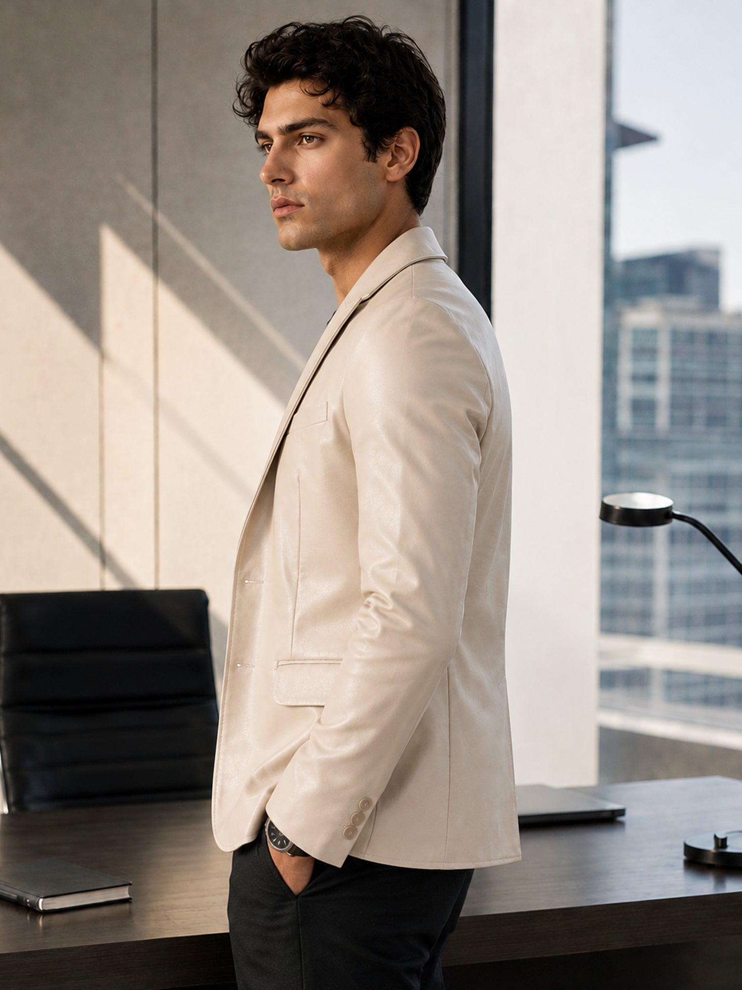 Men Beige Solid Slim Fit Smart Casual Blazer