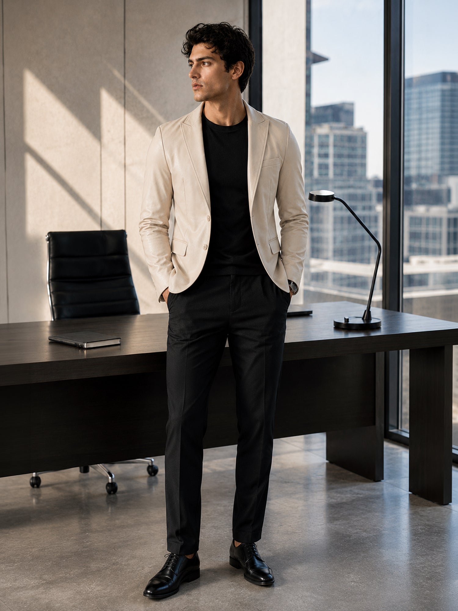Men Beige Solid Slim Fit Smart Casual Blazer