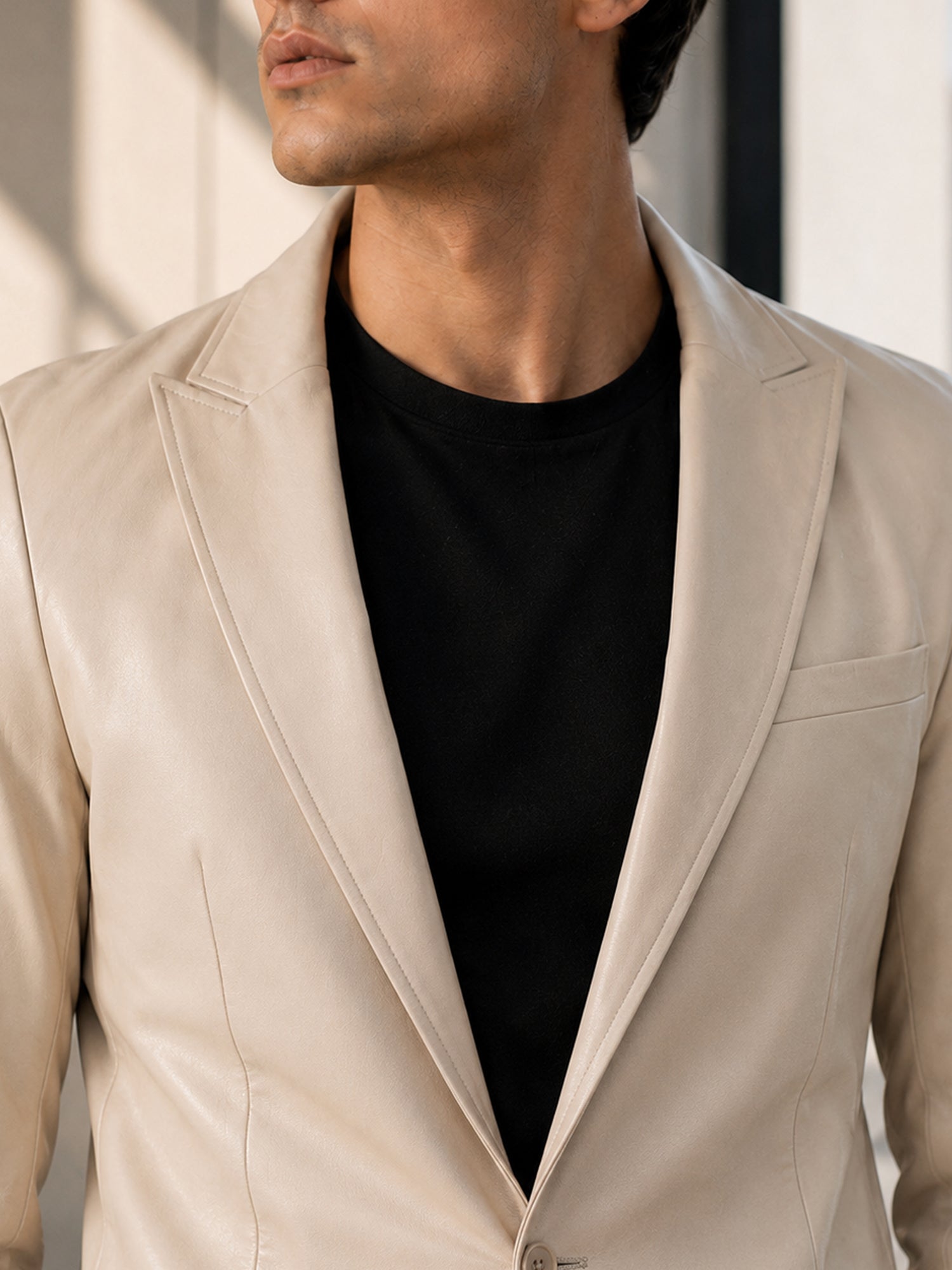Men Beige Solid Slim Fit Smart Casual Blazer