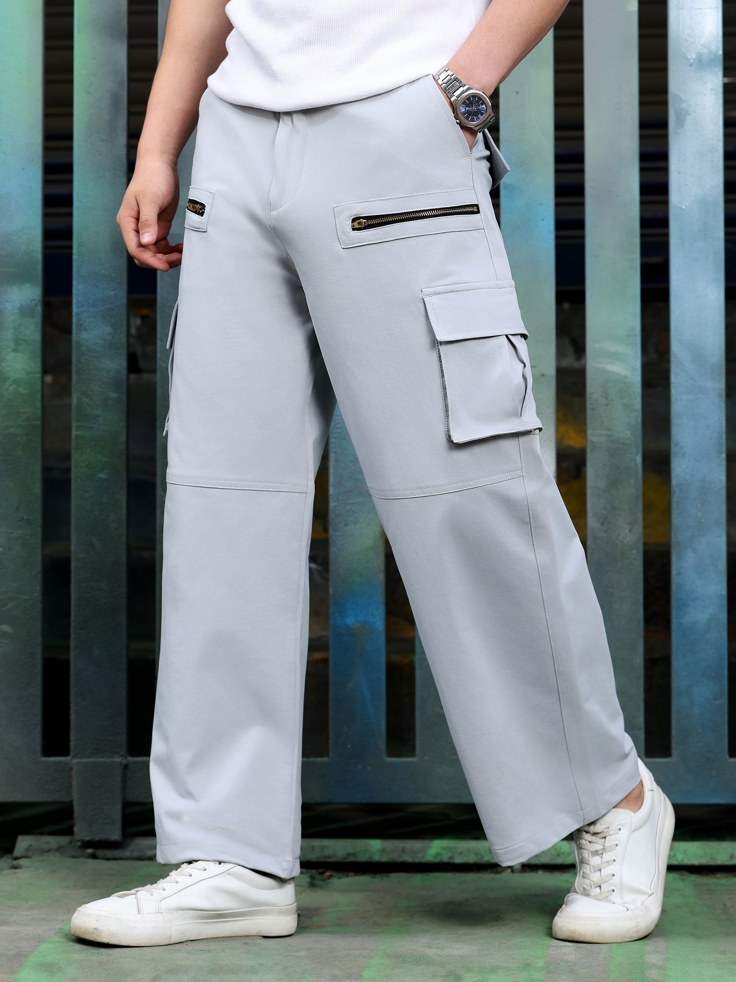 Men Grey Self Design Cargo