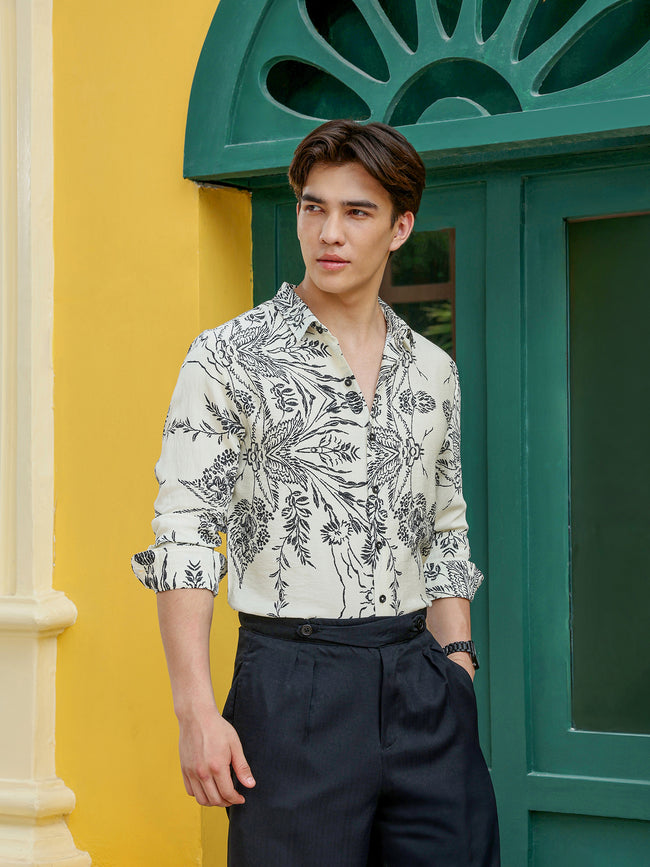 Men Off White Floral Print Shirt