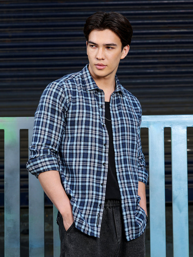 Men Navy Tartan Checked Shirt