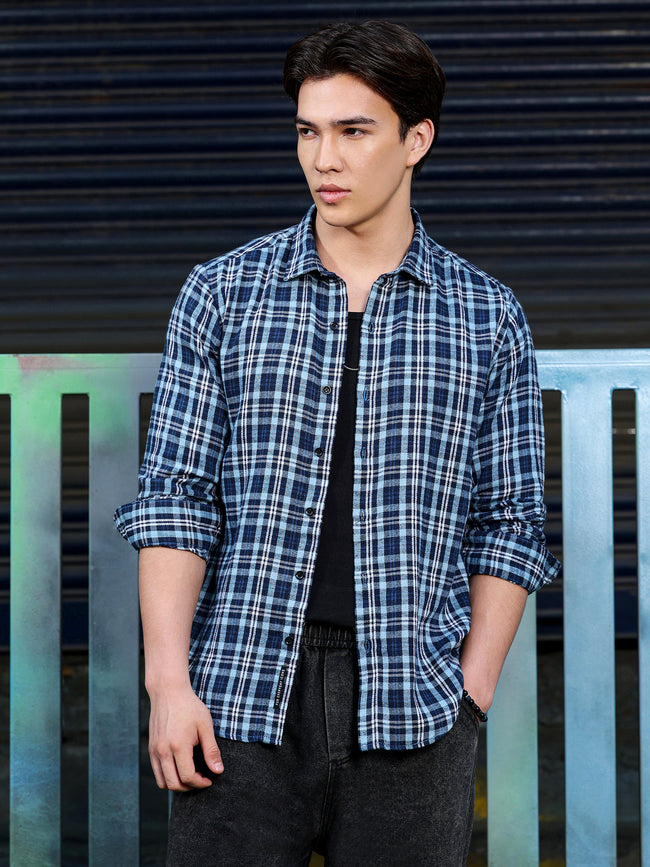 Men Navy Tartan Checked Shirt