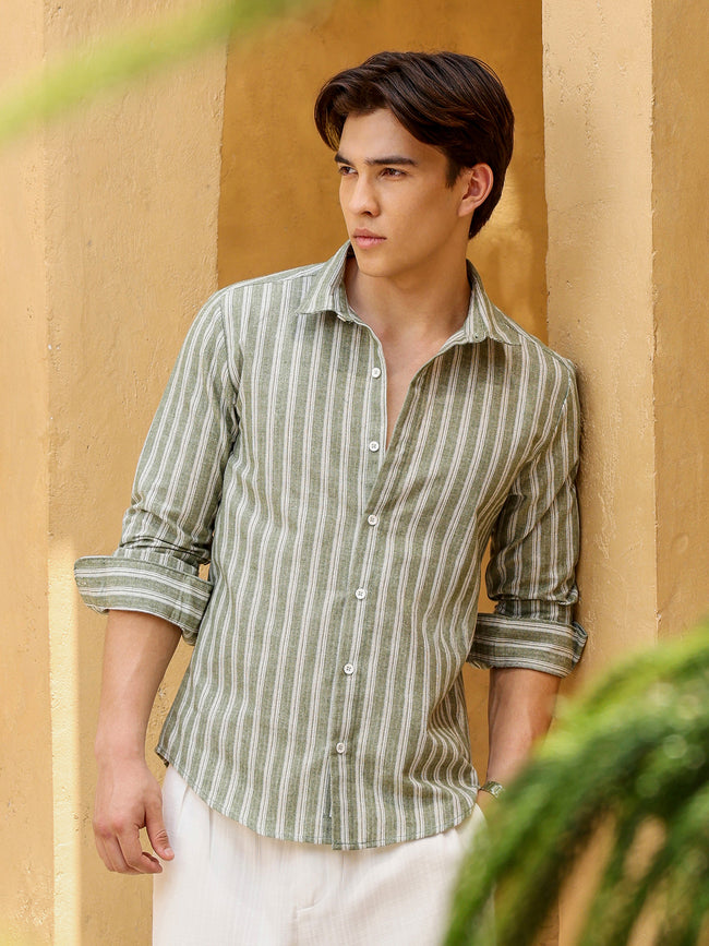 Men Green Striped Shirt