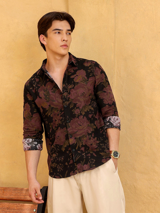Men Black Floral Print Shirt