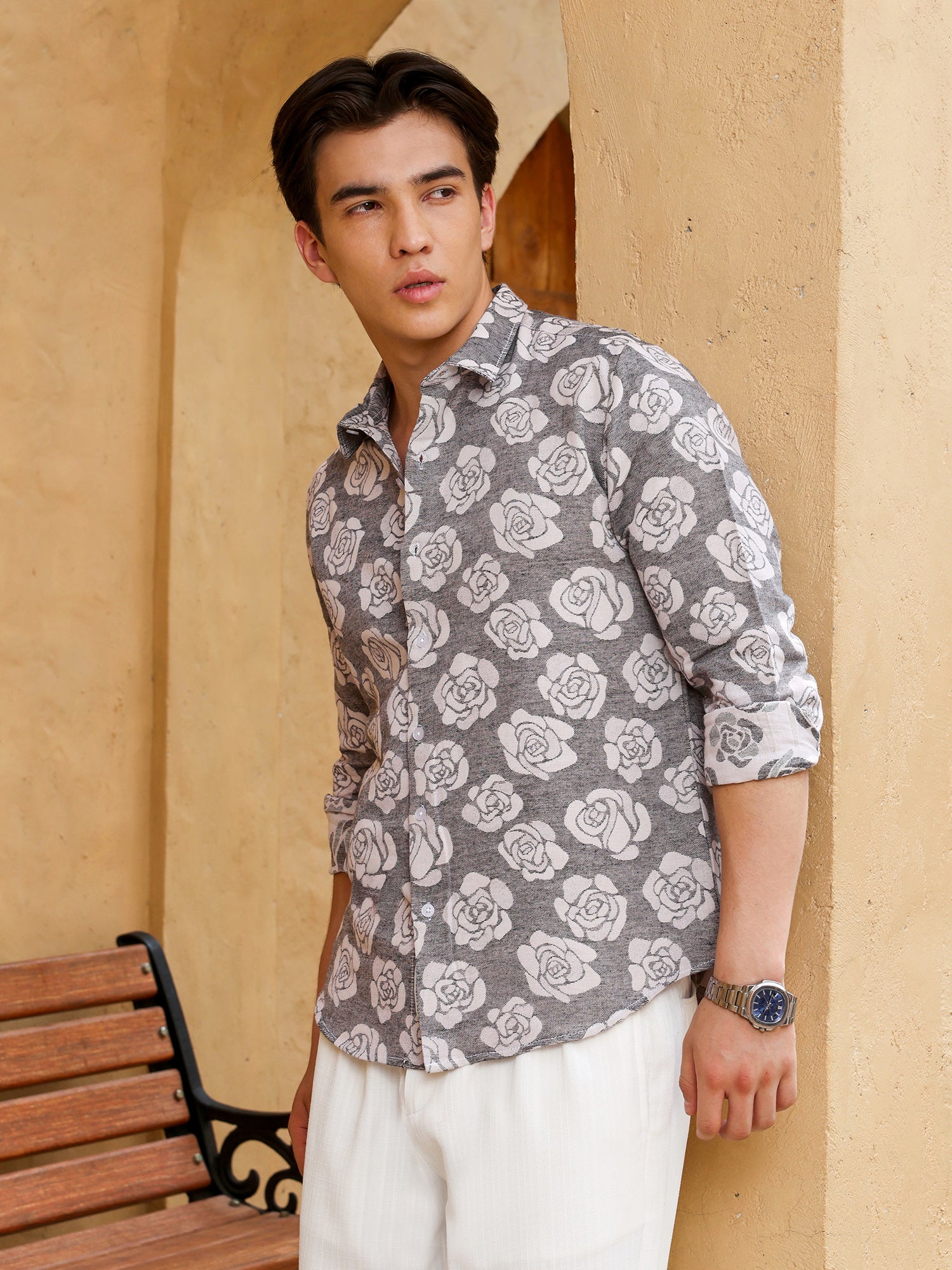 Men Charcoal Floral Print Shirt