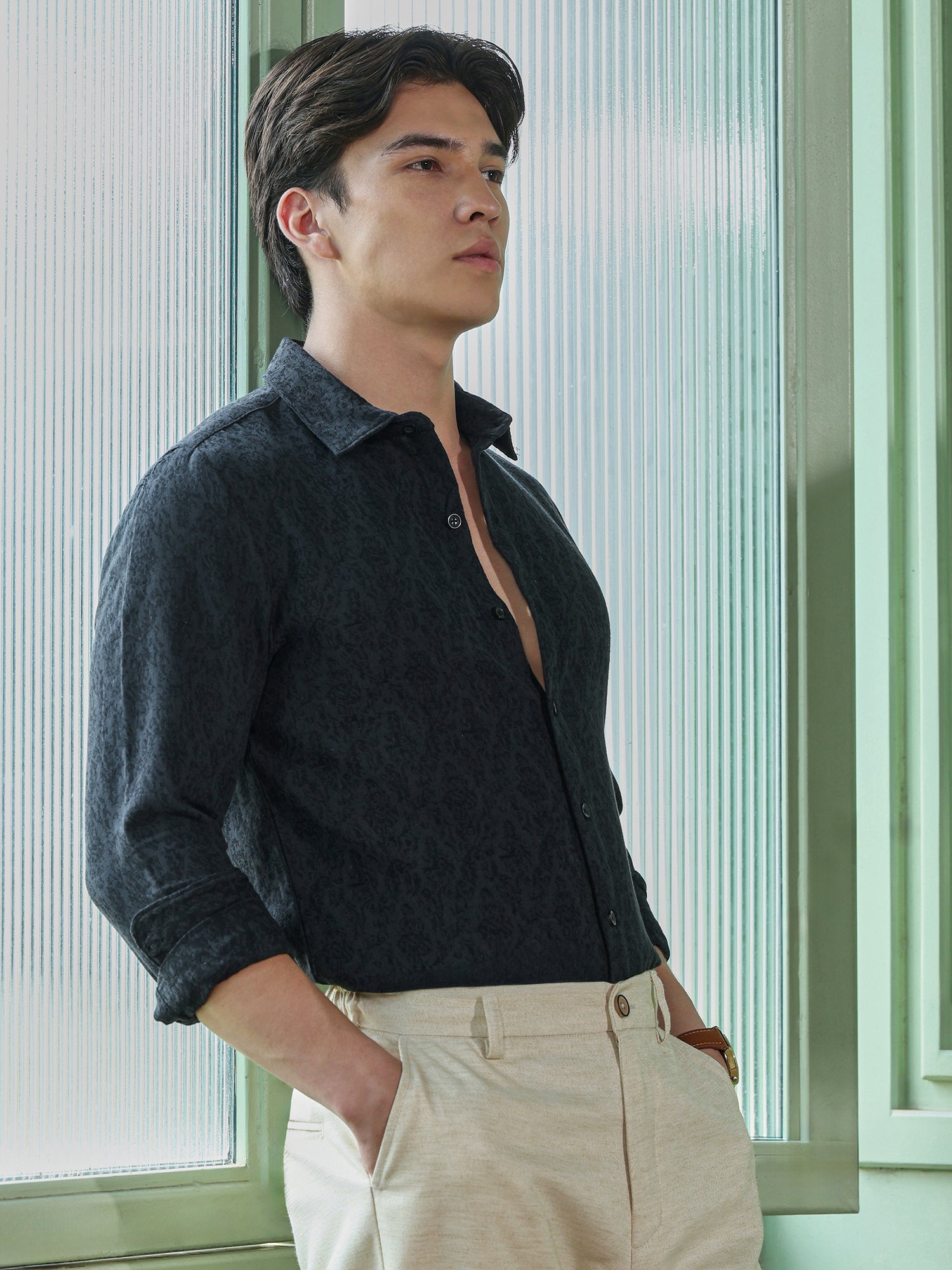 Men Charcoal Self Design Shirt
