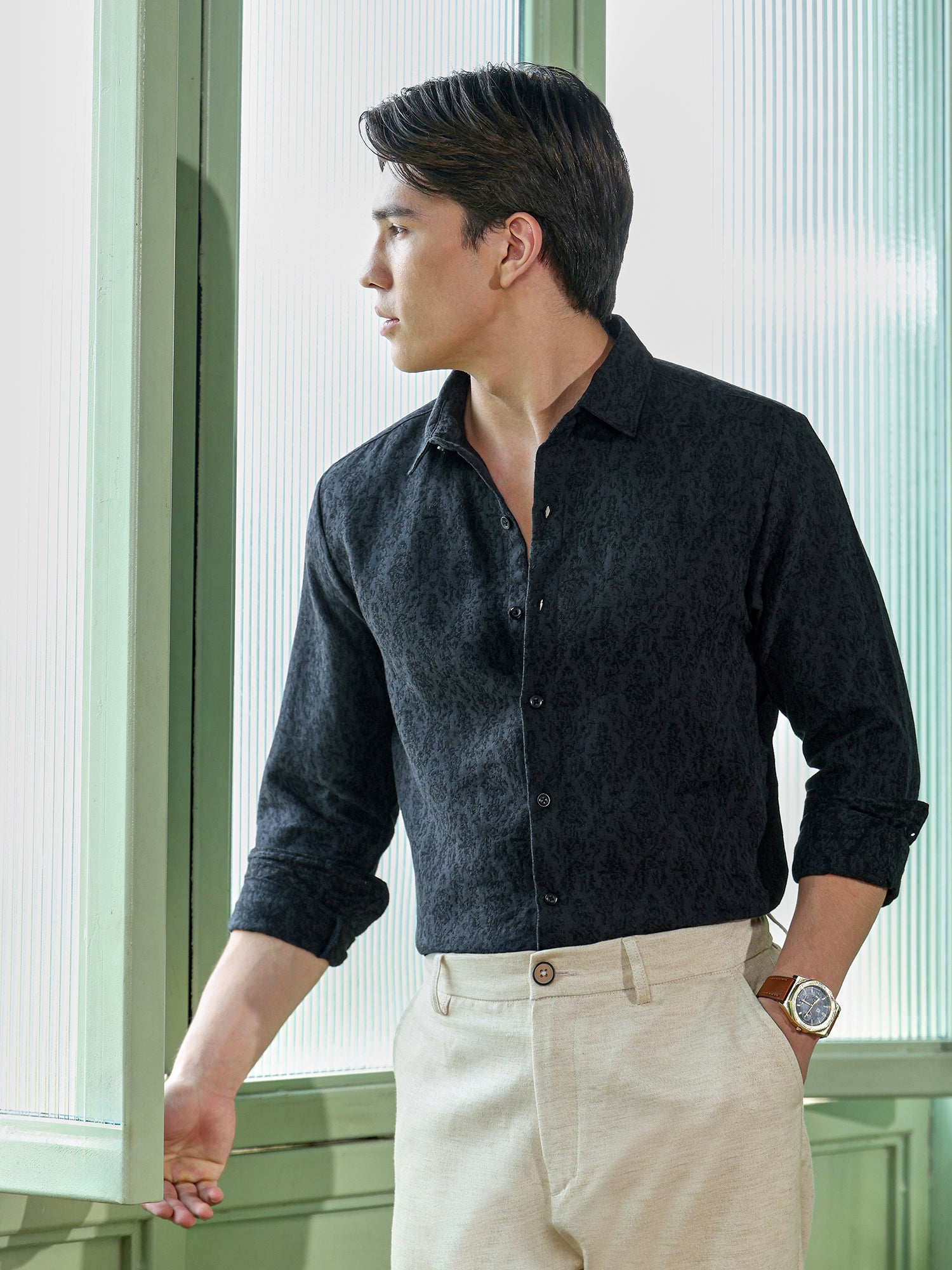 Men Charcoal Self Design Shirt