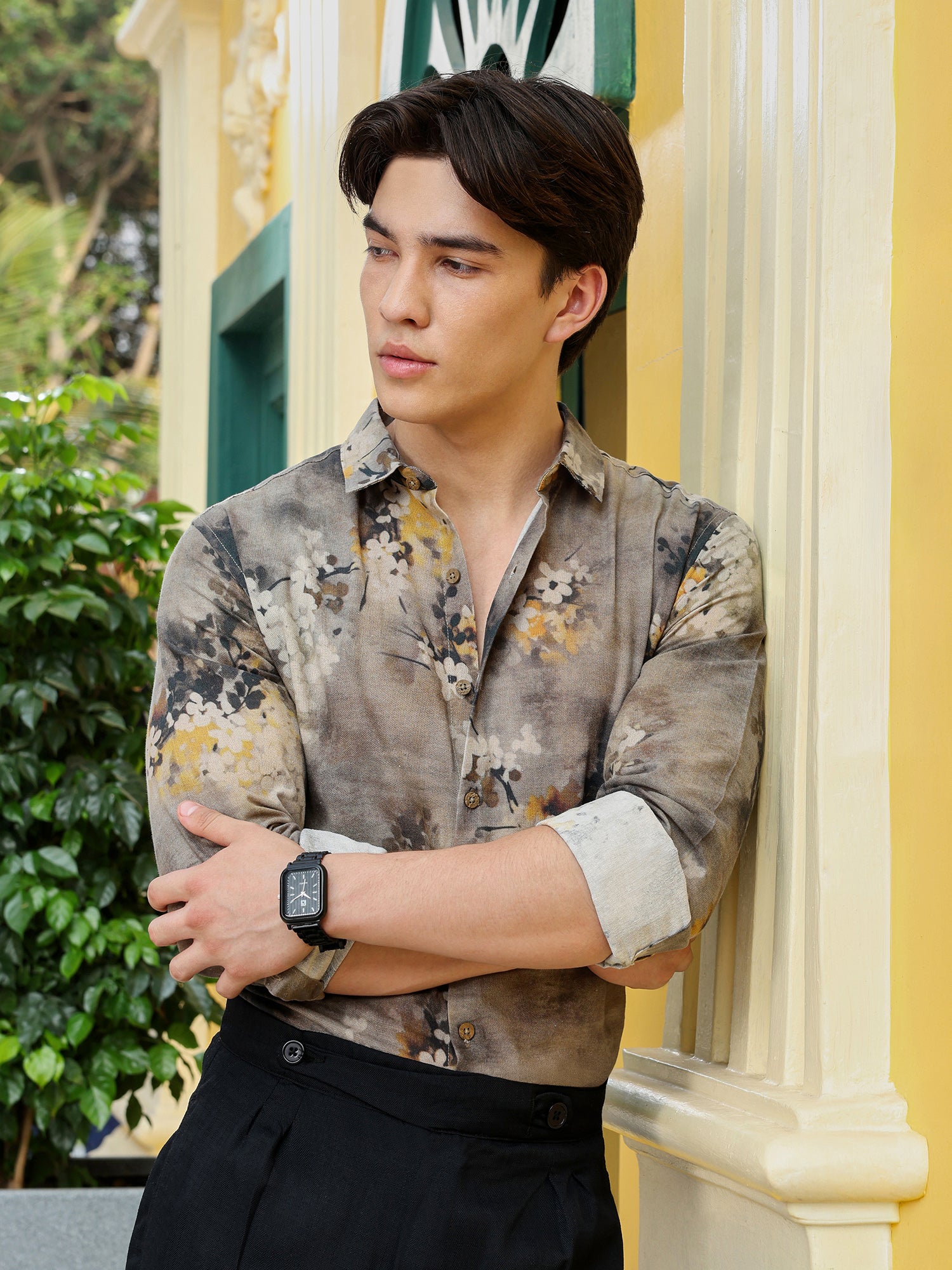 Men Brown Floral Print Shirt