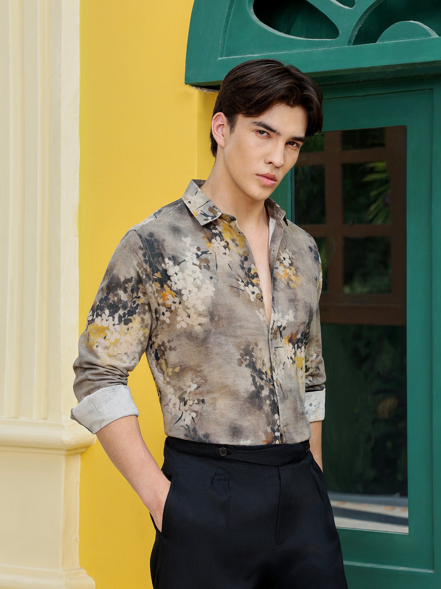 Men Brown Floral Print Shirt
