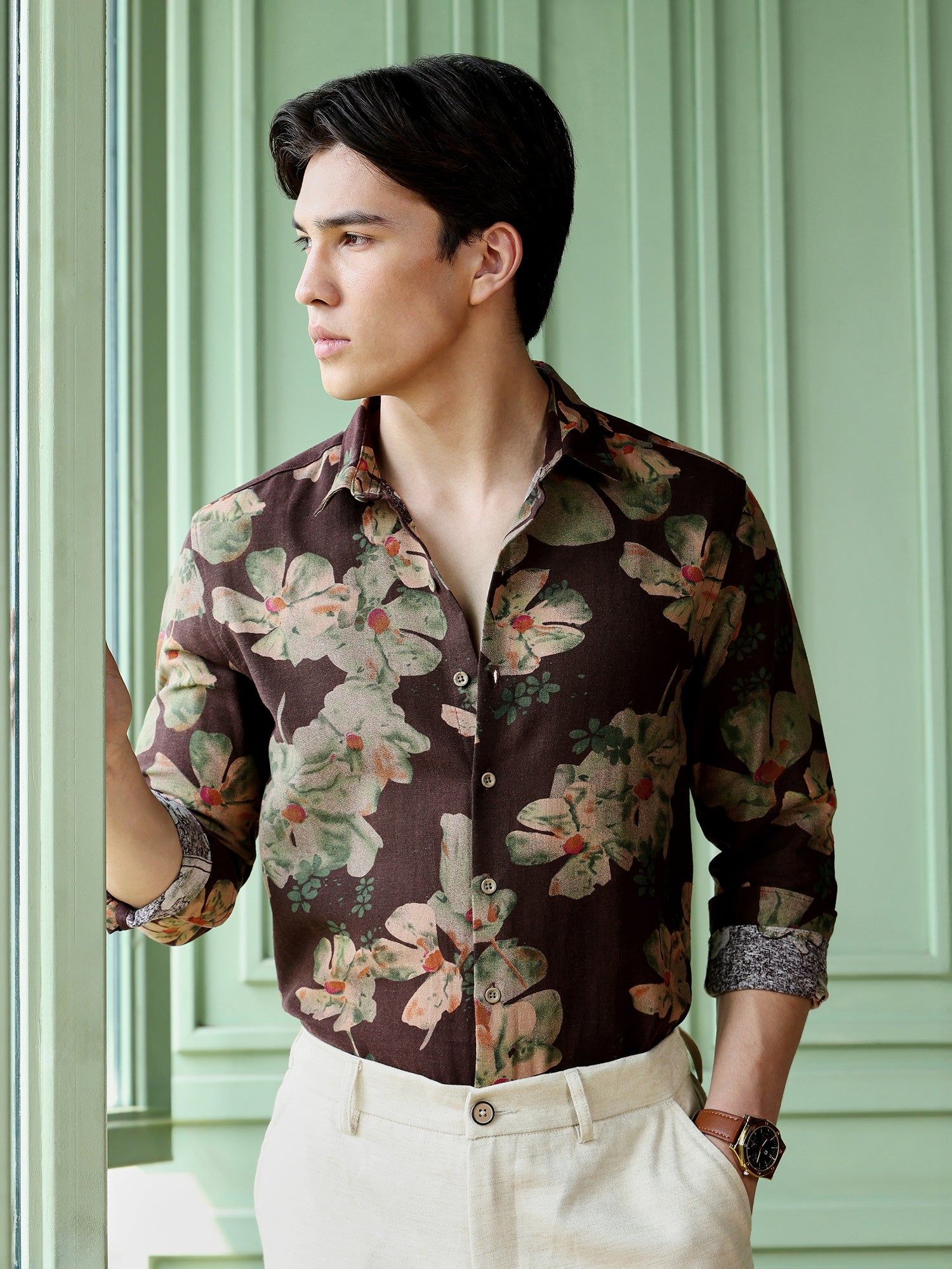 Men Brown Floral Print Shirt