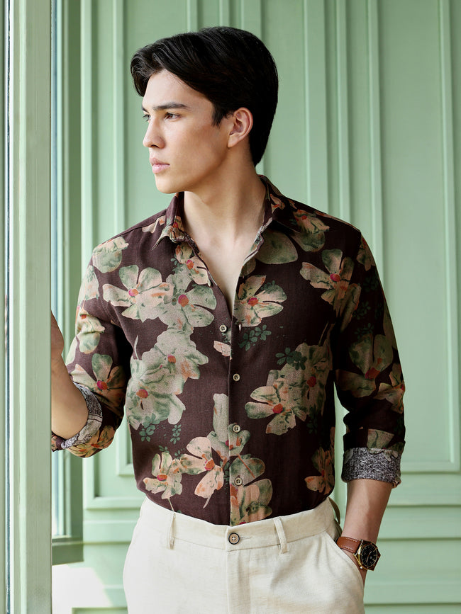 Men Brown Floral Print Shirt
