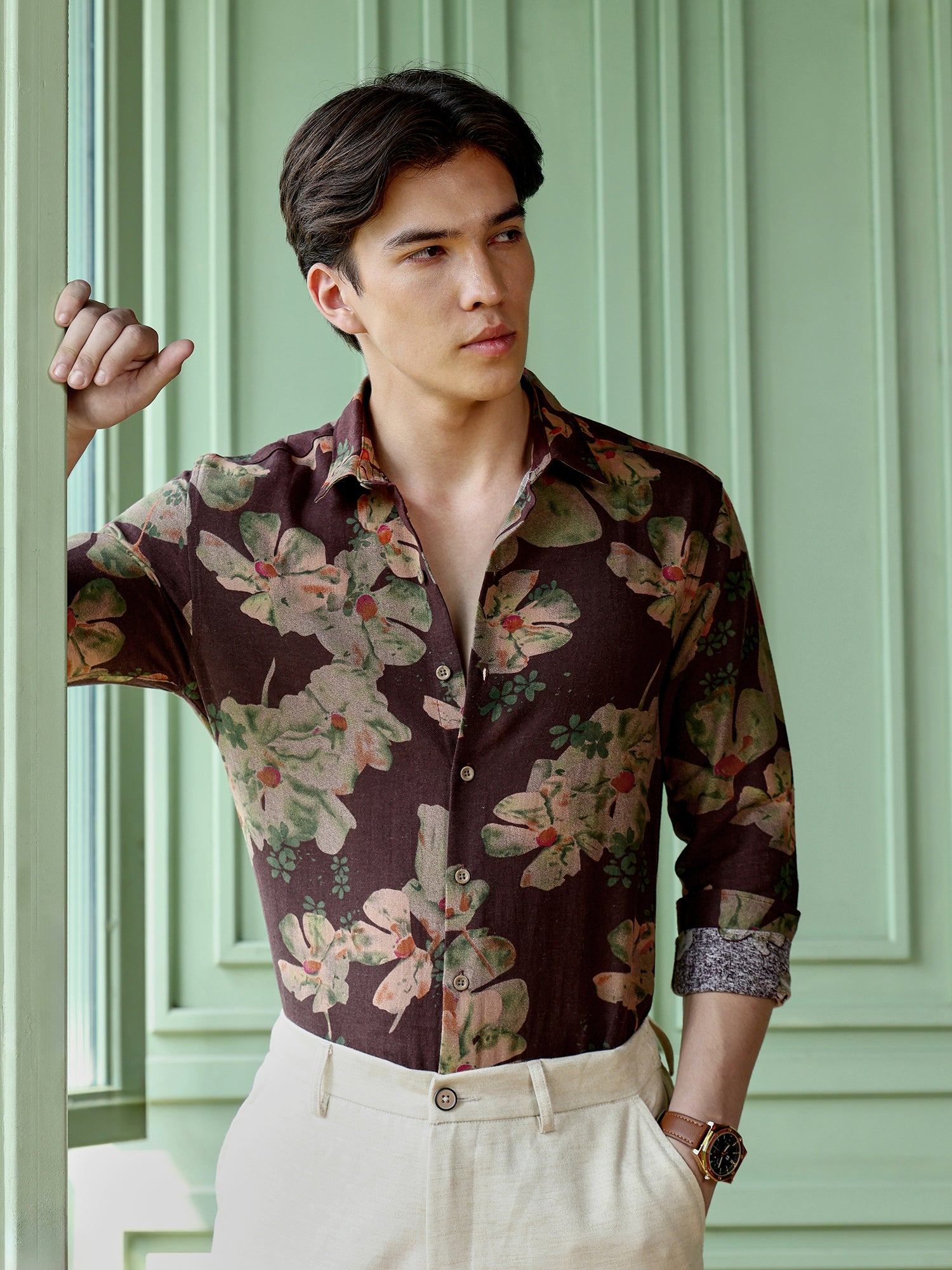 Men Brown Floral Print Shirt