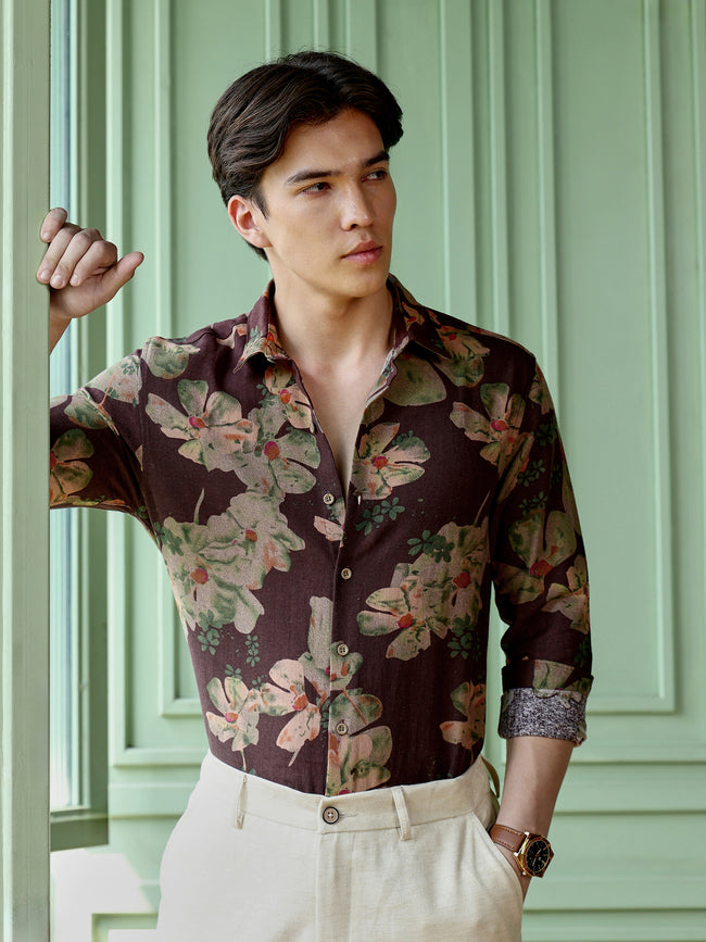 Men Brown Floral Print Shirt