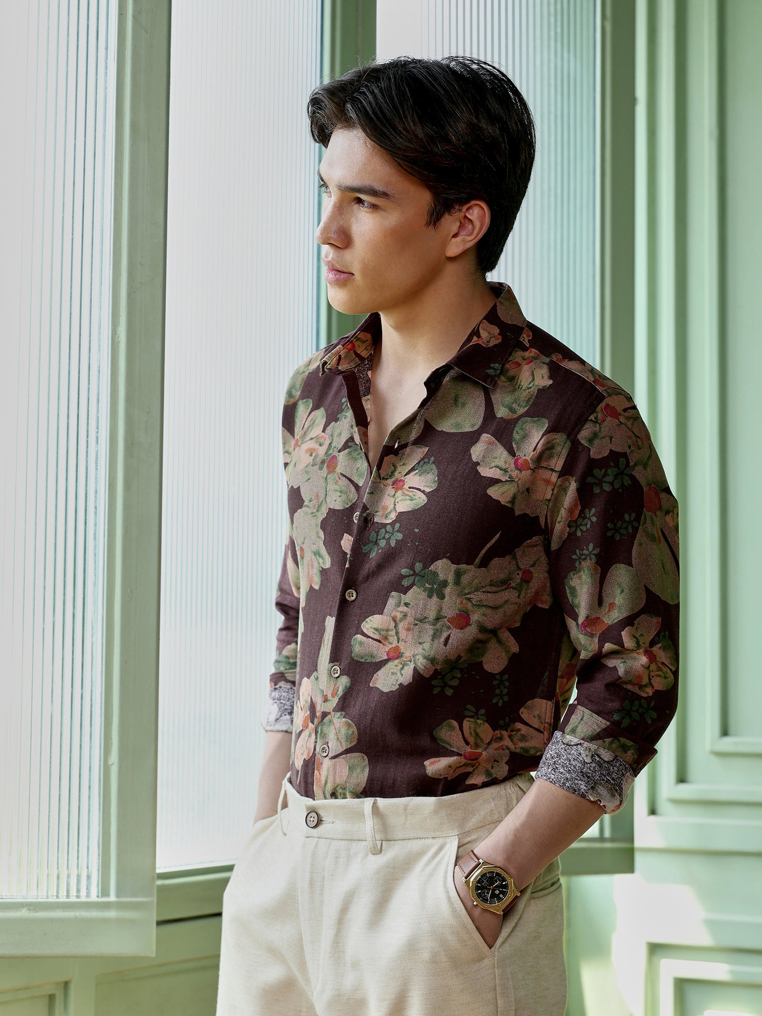 Men Brown Floral Print Shirt