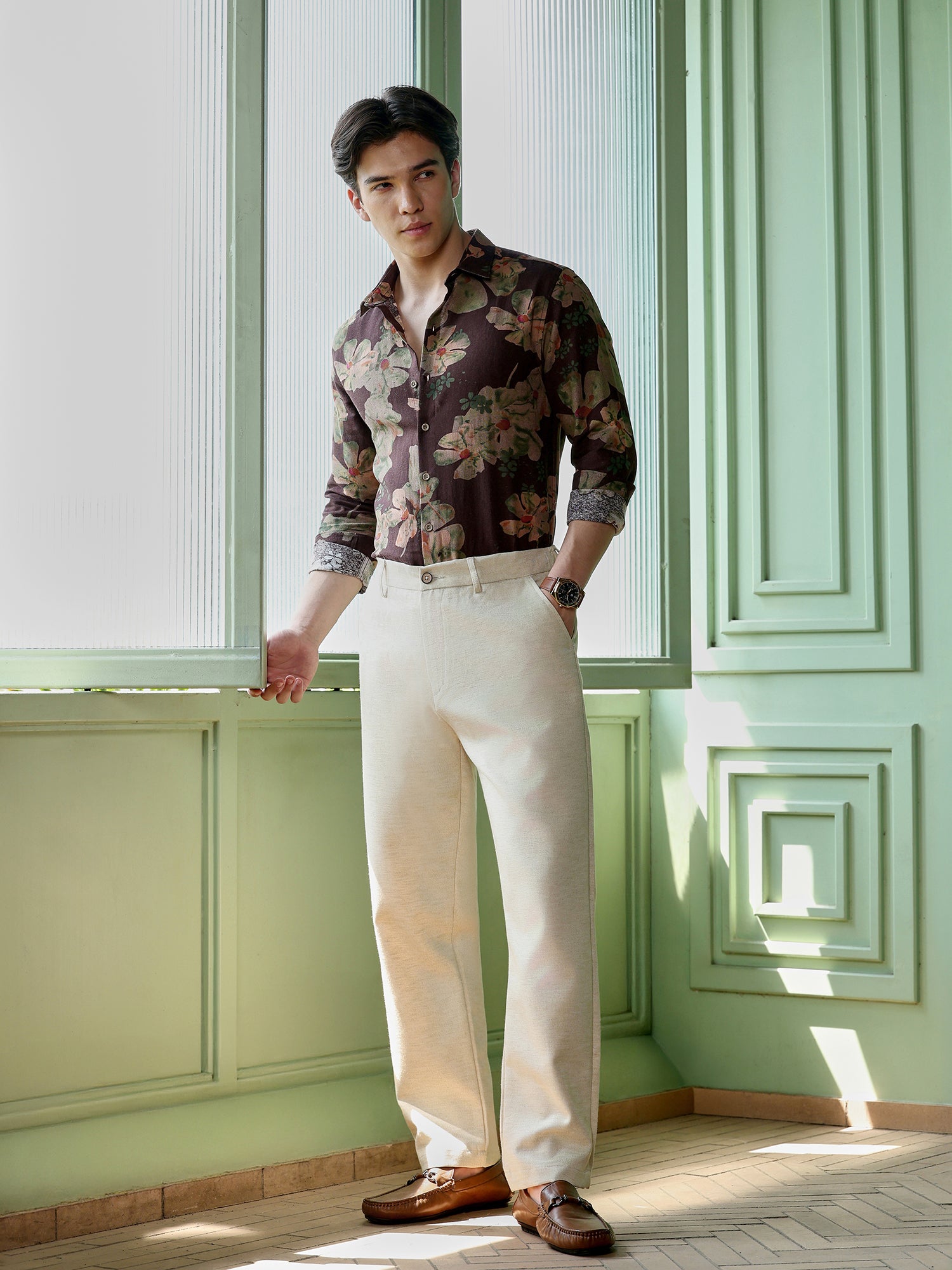 Men Brown Floral Print Shirt