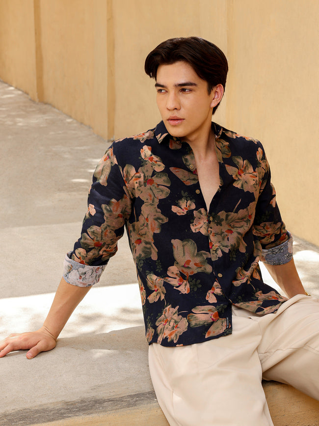 Men Navy Floral Print Shirt