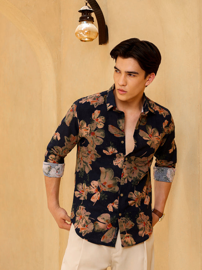 Men Navy Floral Print Shirt