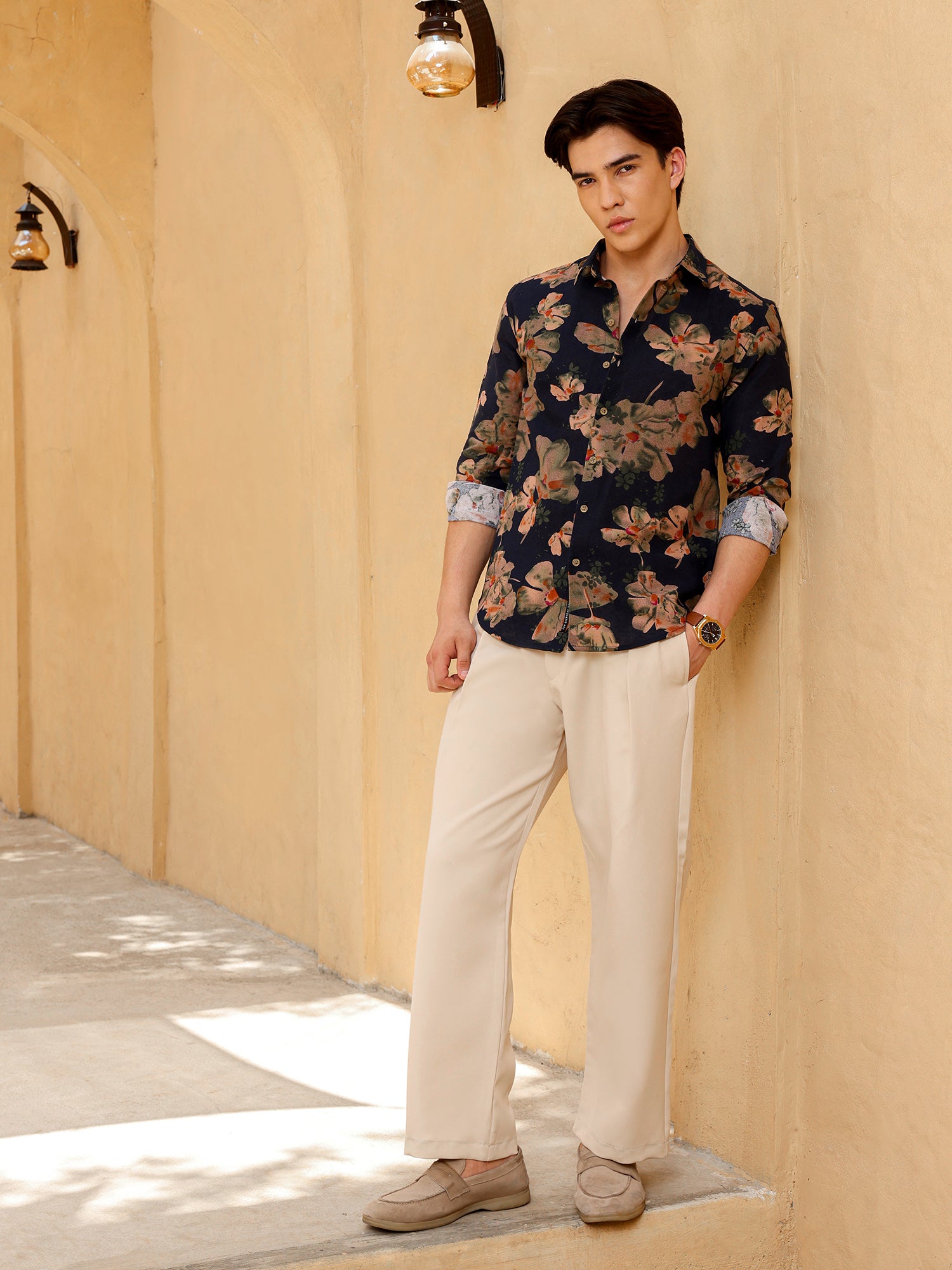Men Navy Floral Print Shirt