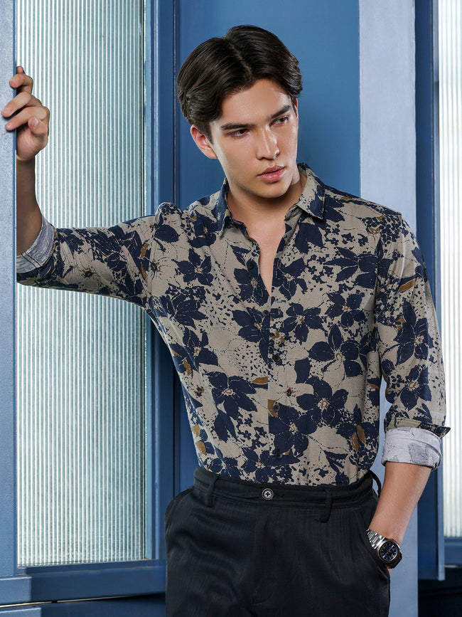 Men Beige Floral Print Shirt