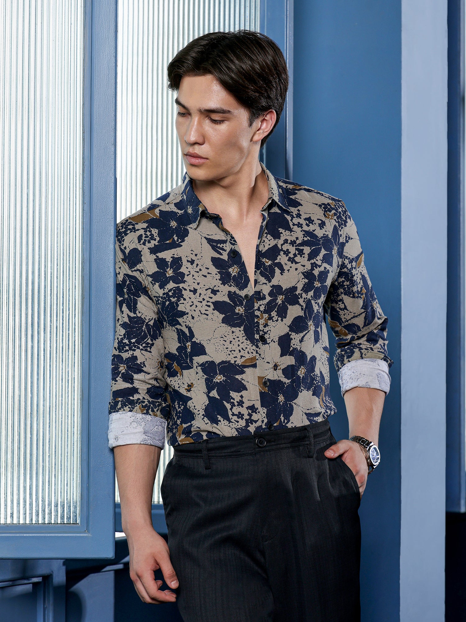 Men Beige Floral Print Shirt