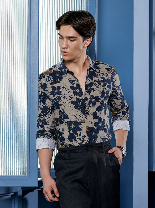 Men Beige Floral Print Shirt
