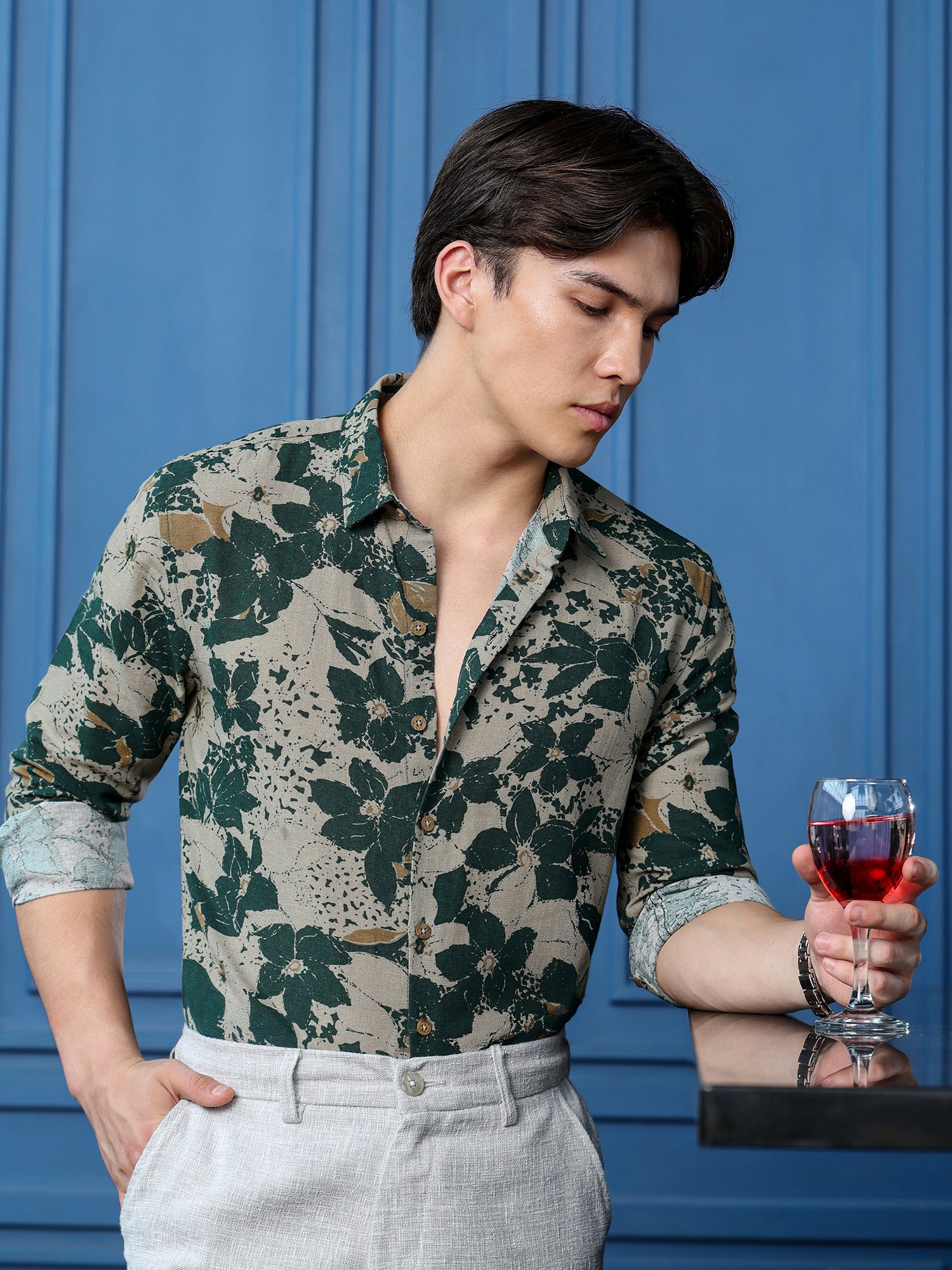 Men Green Floral Print Shirt