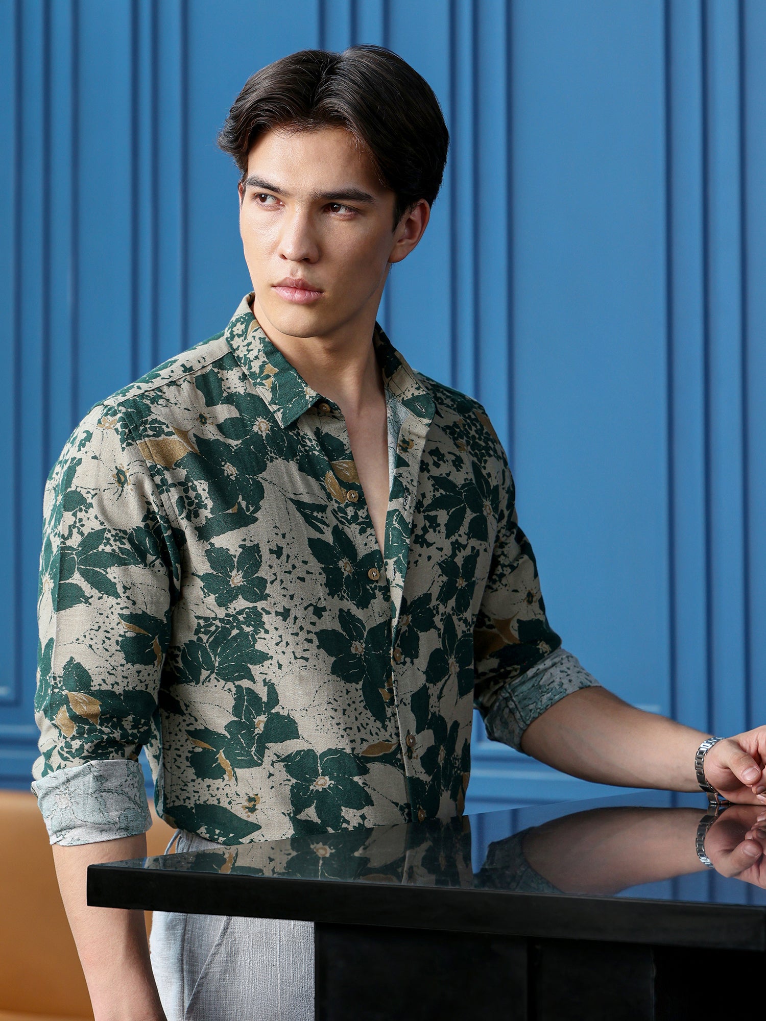 Men Green Floral Print Shirt