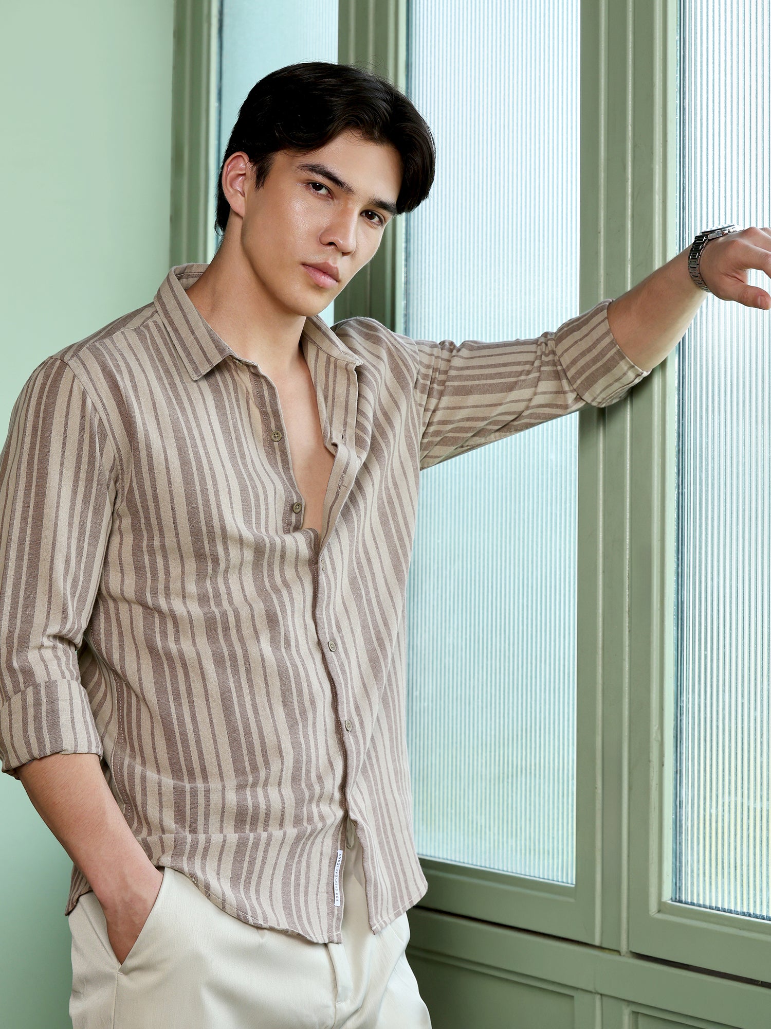 Men Khaki Striped Shirt