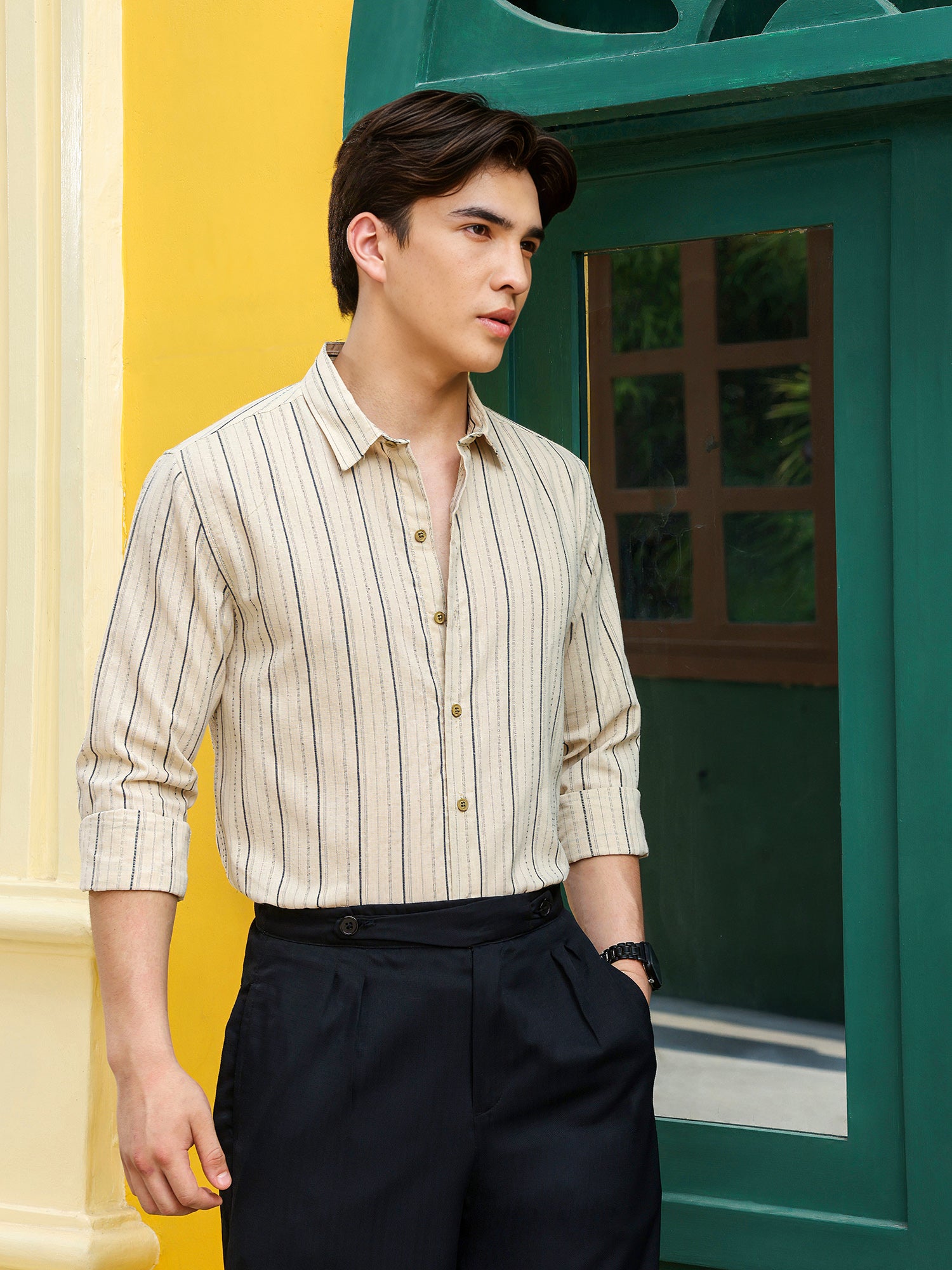 Men Beige Striped Shirt