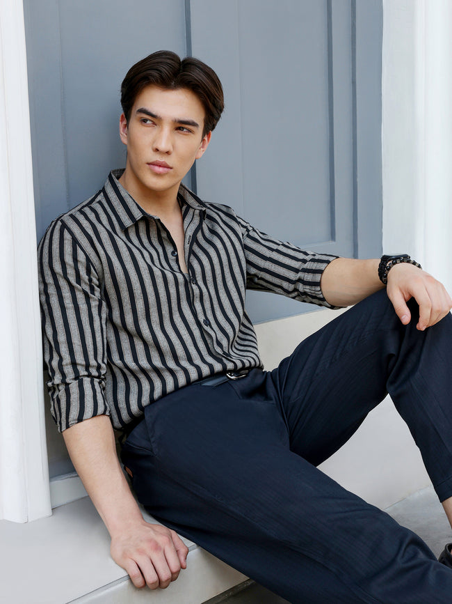 Men Grey Striped Shirt