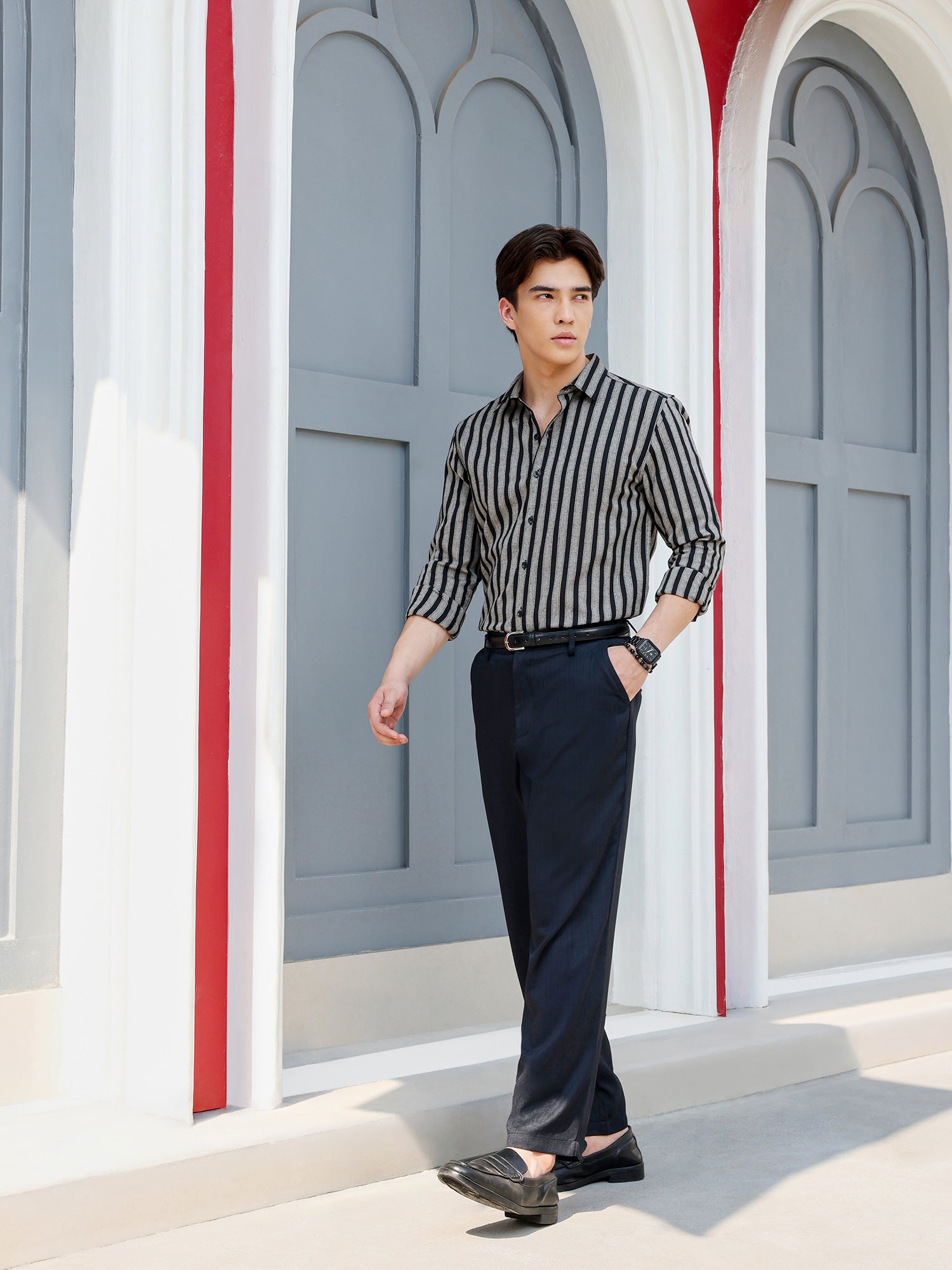 Men Grey Striped Shirt
