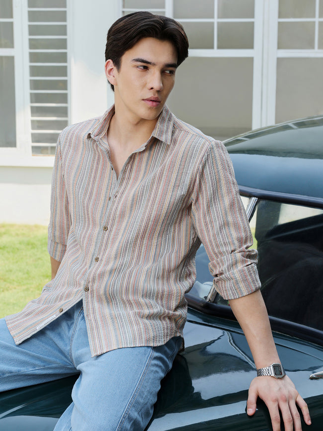 Men Beige Striped Shirt
