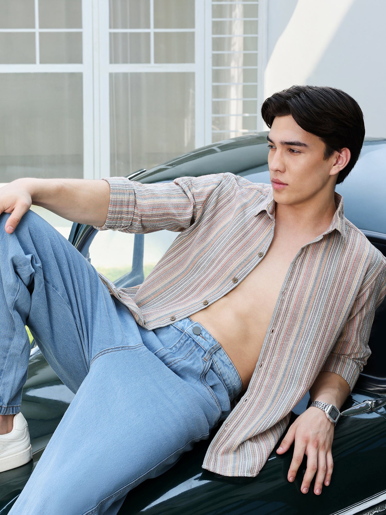 Men Beige Striped Shirt