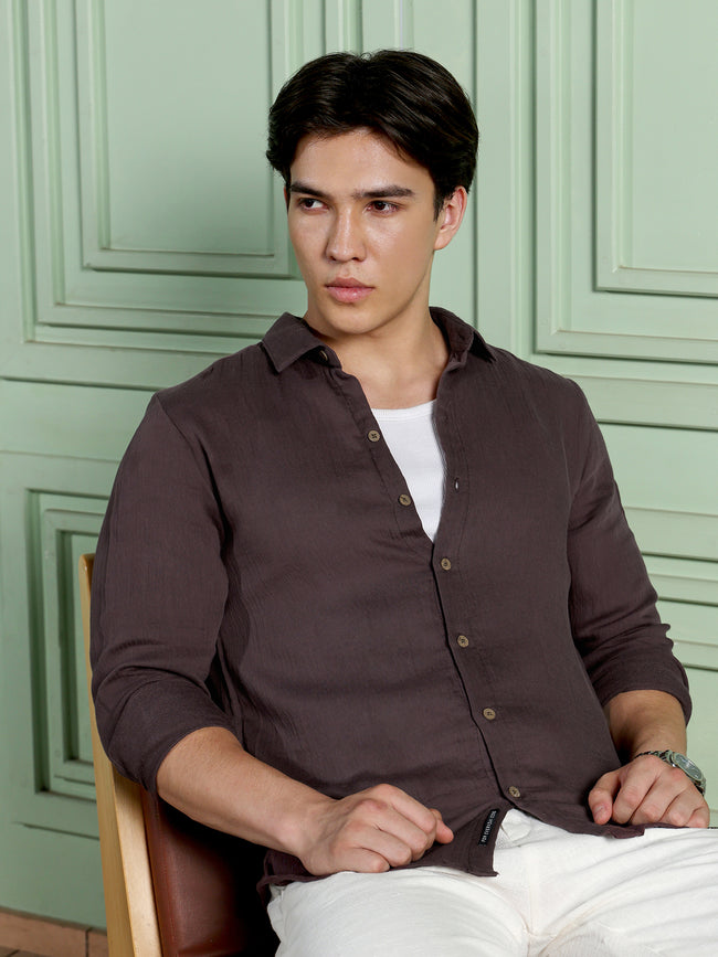 Men Brown Solid Casual Shirt