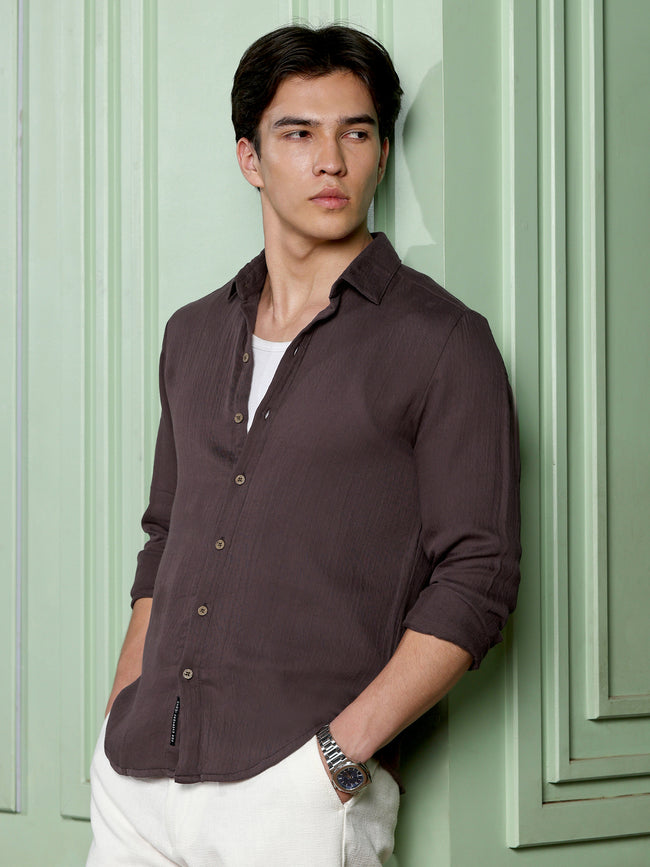 Men Brown Solid Casual Shirt