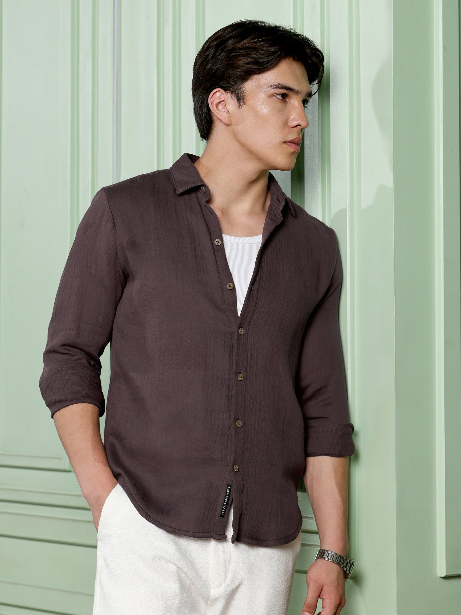 Men Brown Solid Casual Shirt