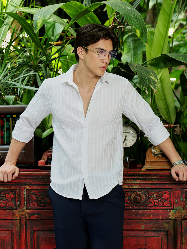 Men White Self Design Shirt