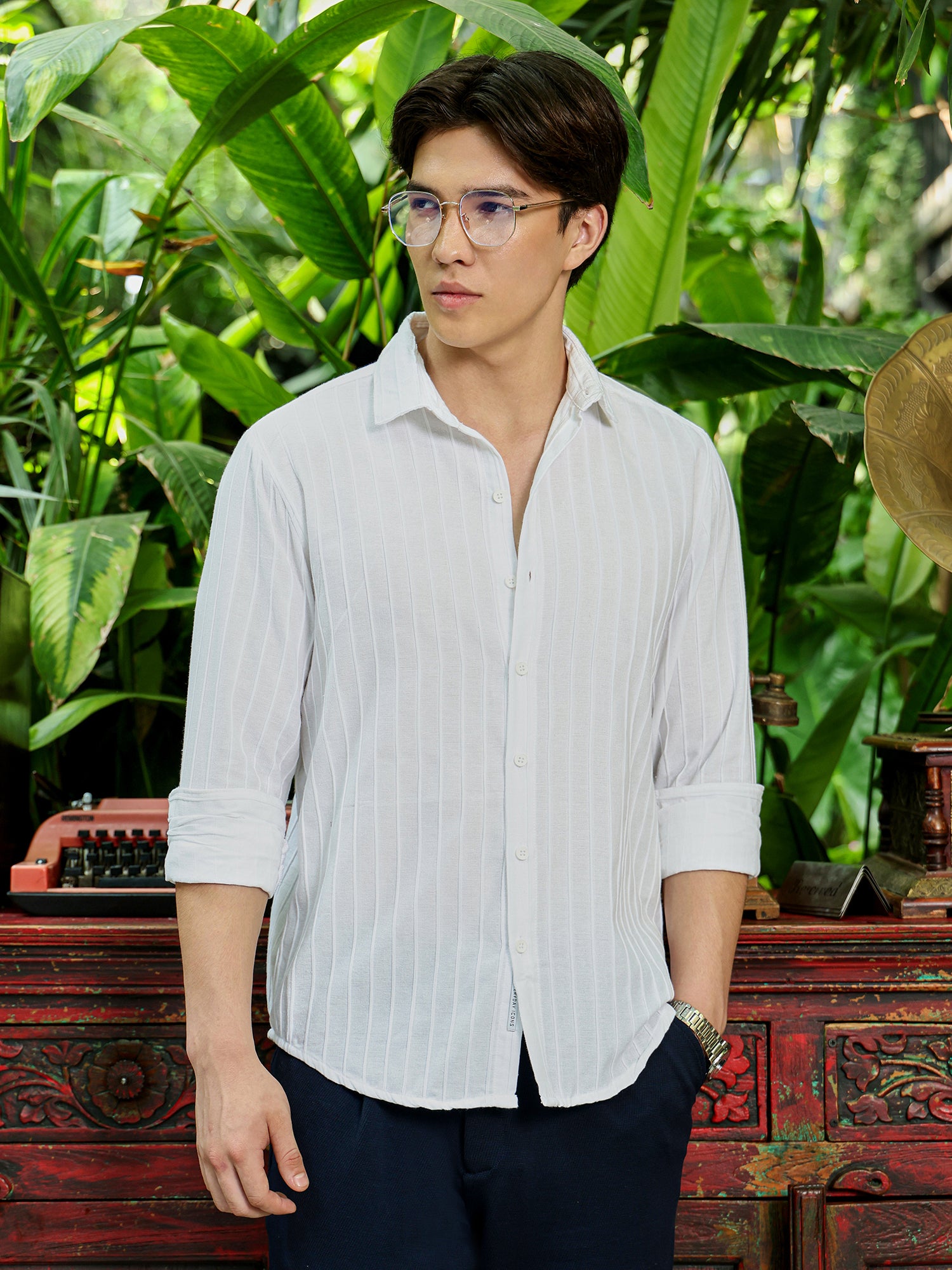 Men White Self Design Shirt