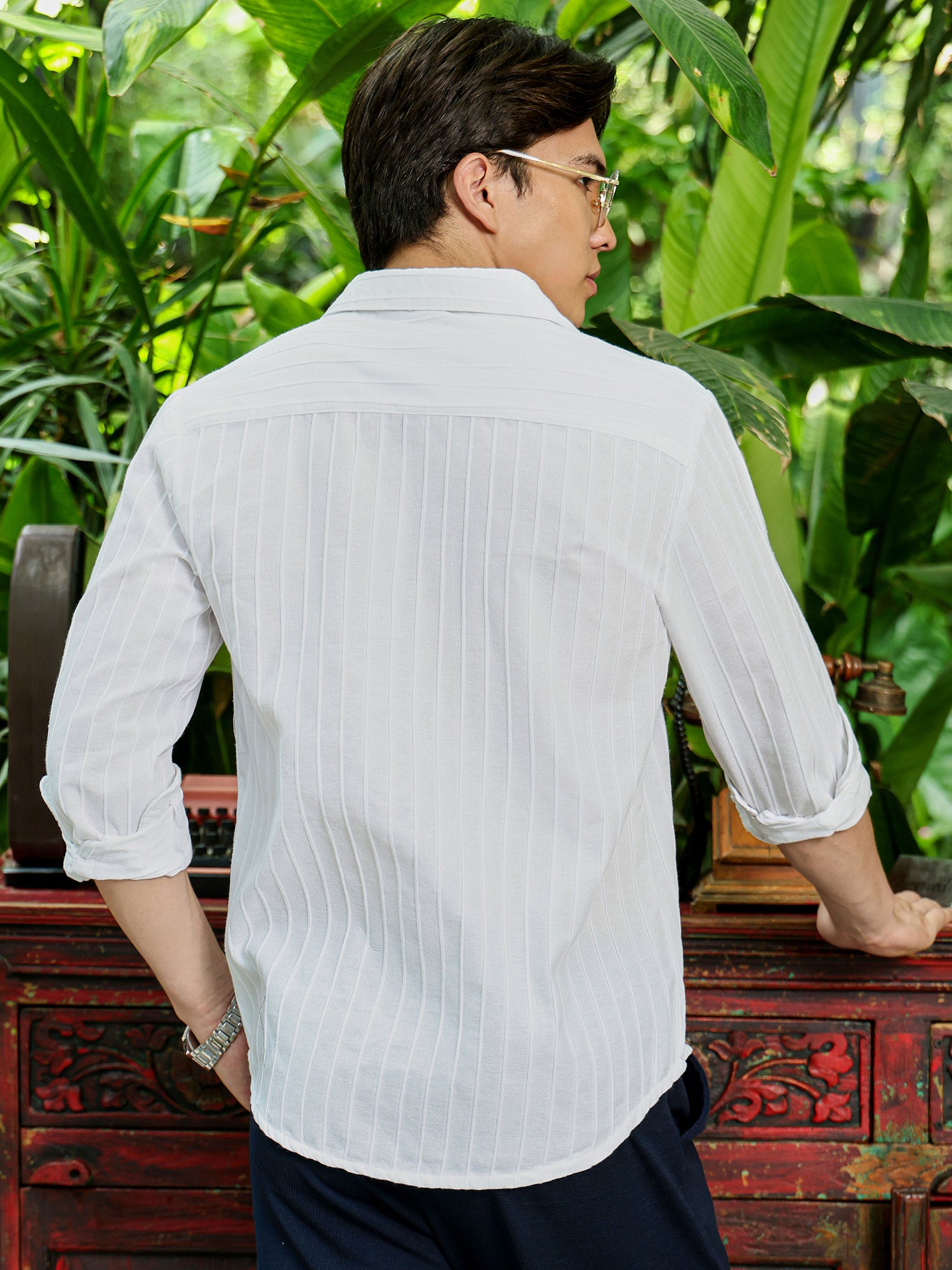 Men White Self Design Shirt