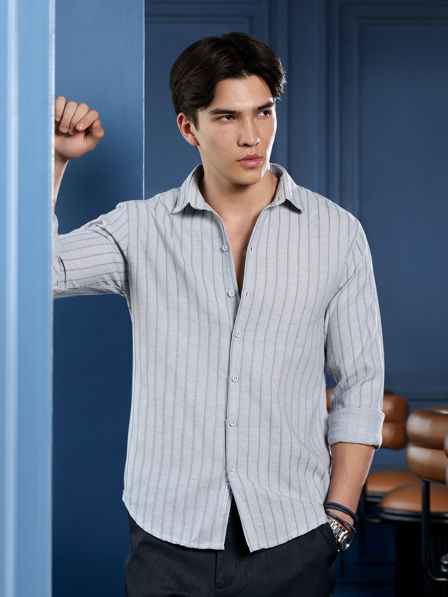 Men Grey Self Design Shirt