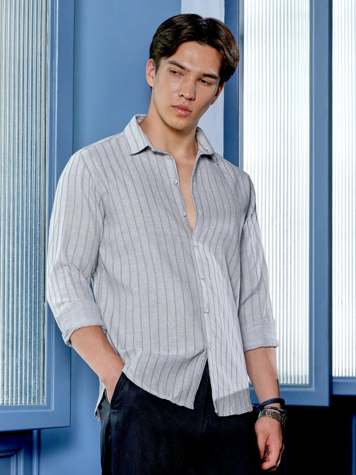 Men Grey Self Design Shirt