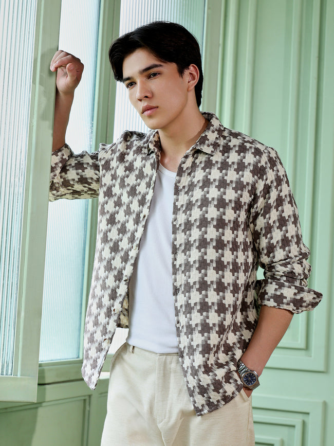 Men Brown Houndstooth Checked Shirt