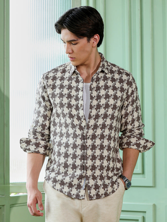 Men Brown Houndstooth Checked Shirt