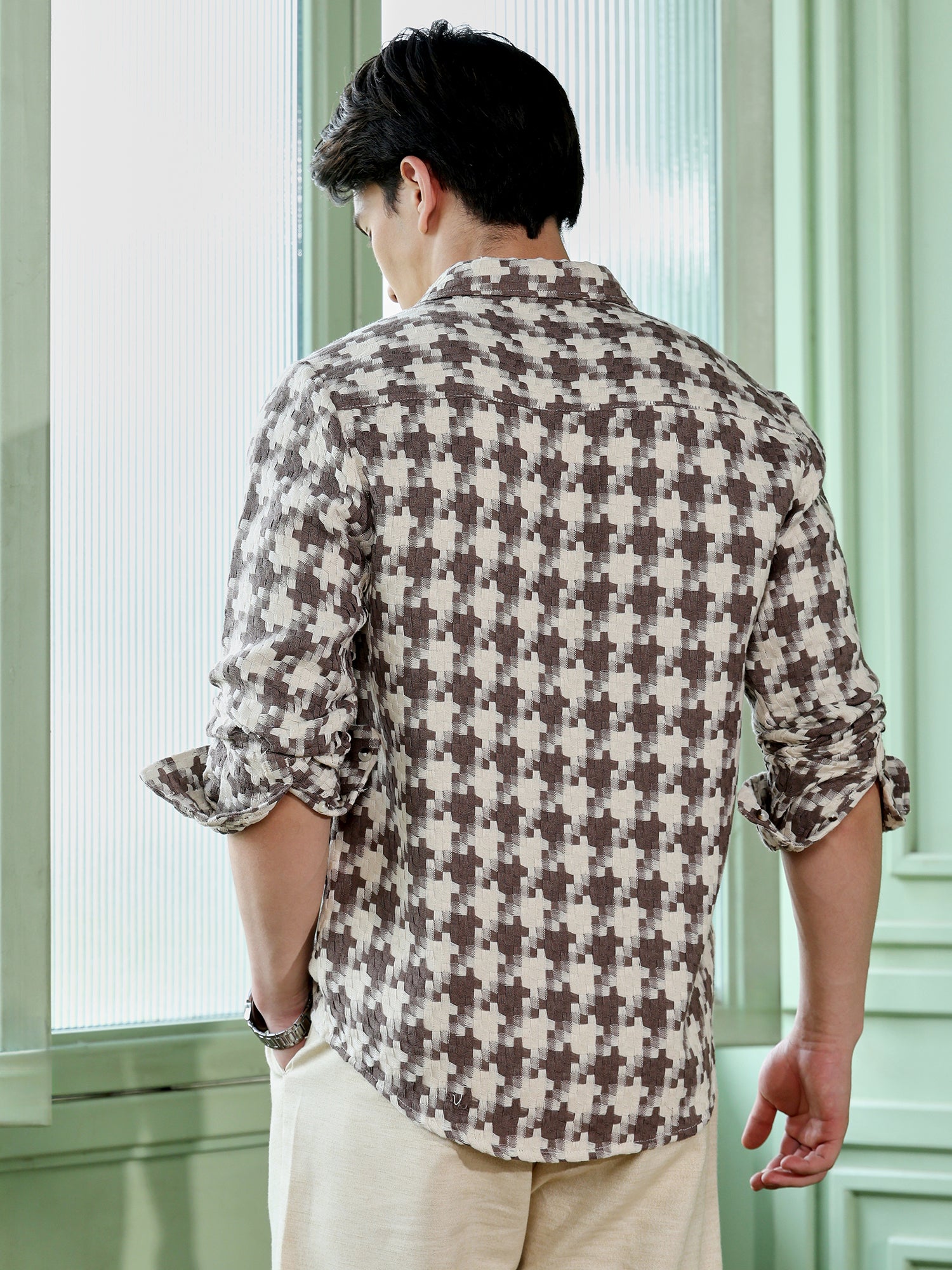 Men Brown Houndstooth Checked Shirt