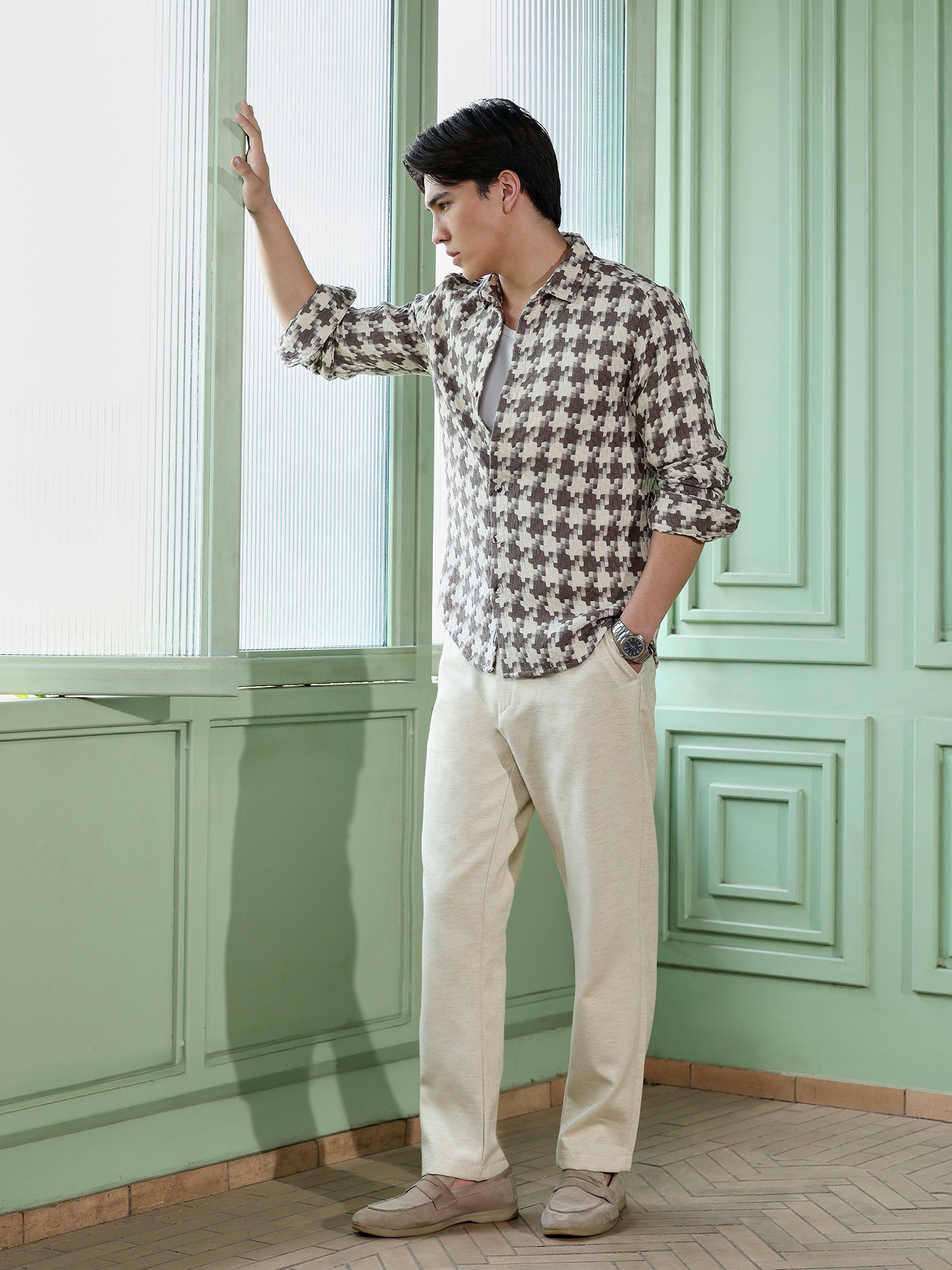 Men Brown Houndstooth Checked Shirt